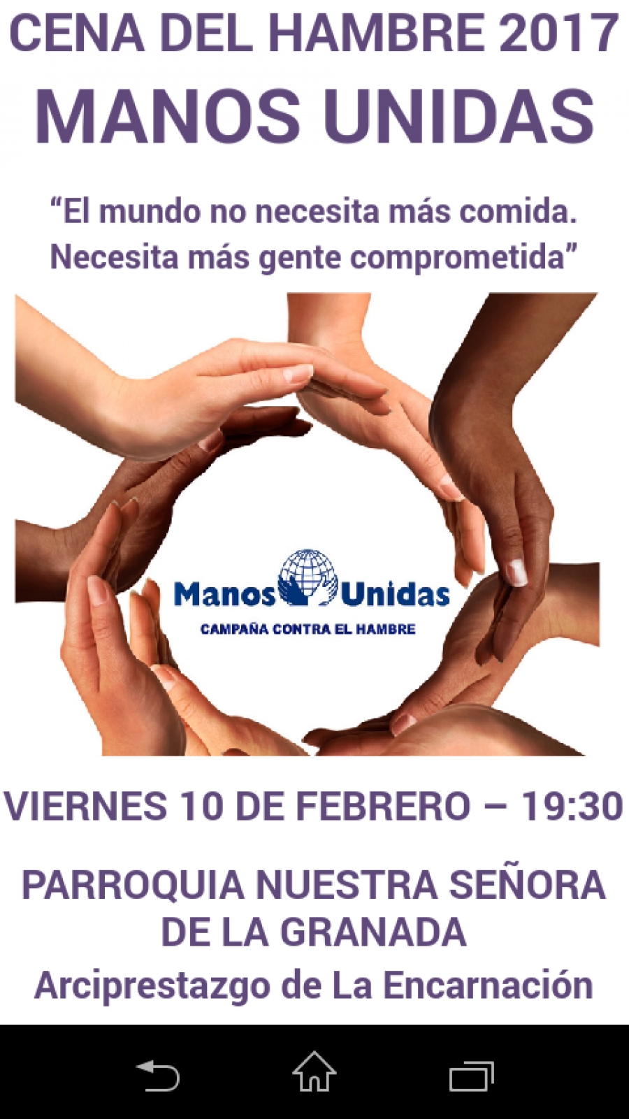 El arciprestazgo de la Encarnaci&oacute;n del Se&ntilde;or organiza una cena del hambreen Nuestra Se&ntilde;ora de la Granada