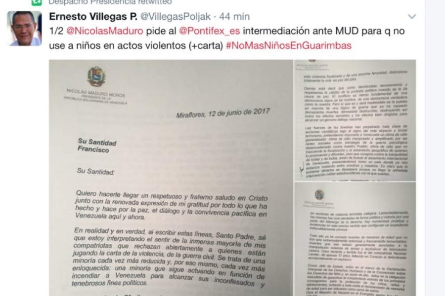 Venezuela: Maduro escribe al Papa pidiendo la mediaci&oacute;n de la Iglesia con la oposici&oacute;n