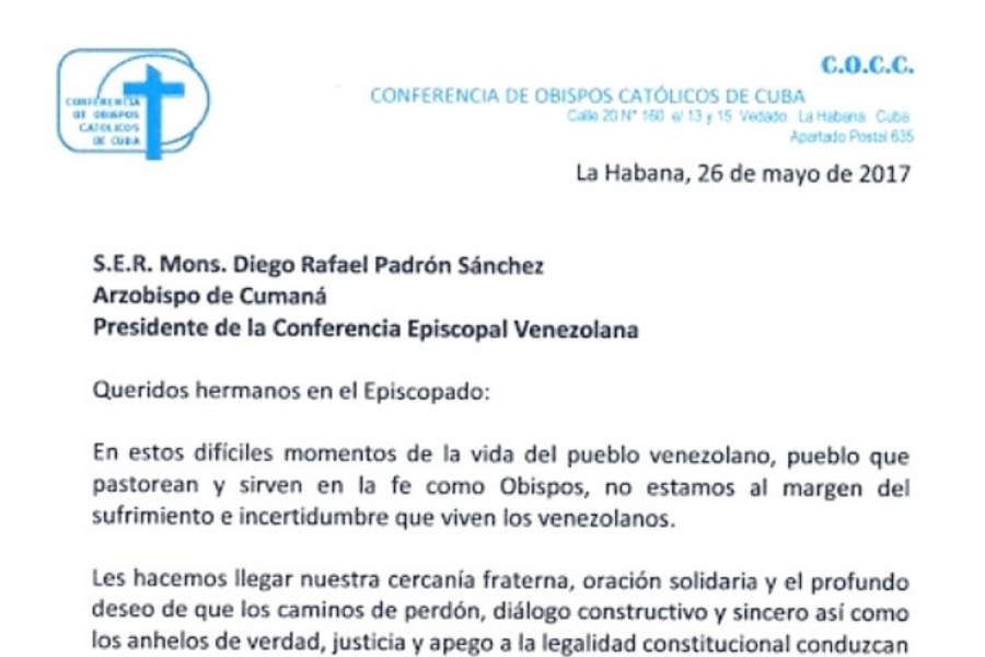 Carta de los obispos de Cuba a la Conferencia Episcopal Venezolana