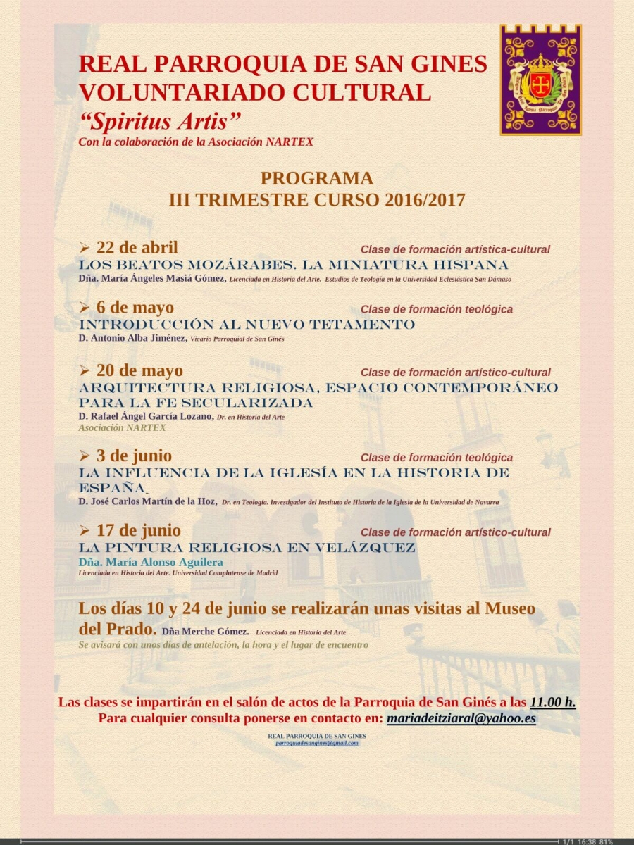 El s&aacute;bado comienza la programaci&oacute;n del III trimestre del voluntariado cultural 'Spiritus Artis' de San Gin&eacute;s