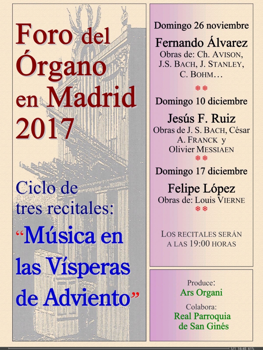 La iglesia de San Gin&eacute;s acoge el Foro del &oacute;rgano en Madrid 2017