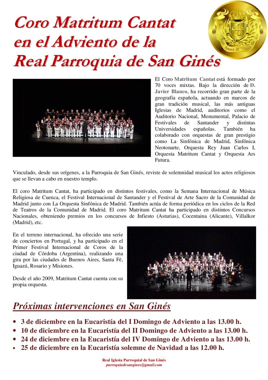 El Coro Matritum Cantat canta en Adviento de la Real parroquia de San Gin&eacute;s