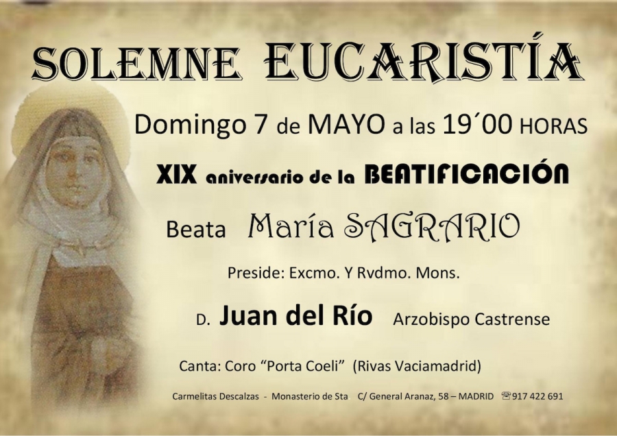 Las carmelitas celebran el XIX aniversario de la beatificaci&oacute;n de la beata Mar&iacute;a Sagrario