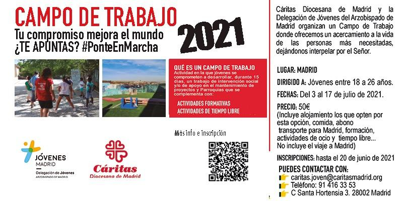 C&aacute;ritas Diocesana de Madrid y J&oacute;venes Madrid programan un campo de trabajo con j&oacute;venes para el mes de julio